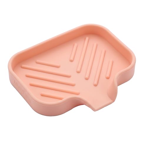 MicoYang Silicone Soap Dish with Drain Spout, Self-Draining Sink Organizer Tray for Bathroom and Kitchen, Sponges, Dispensers and Soap Holder, Non-Slip and Dishwasher Safe, Pink (Compact, 4.9"×3.2") - color: Pink, size: S(4.9"×3.2")
