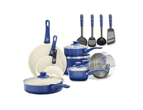 GreenLife 16 Piece Ceramic Nonstick Pots & Pans Cookware Set, Blue | PFAS-Free Nonstick Coating, Stockpot, Frying Pans, Saucepans, Sauté Pan, Stay-Cool Handles, Dishwasher & Oven Safe up to 350F - color: Blue, style: Soft Grip