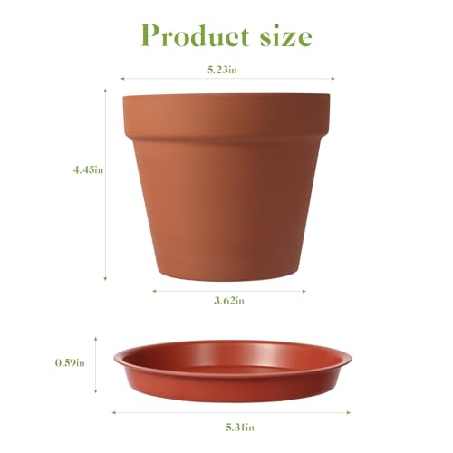 KOAMLY 6 PCS Clay pots and Plates, 5-inch red Clay pots with Drainage, Perfect for Indoor, windowsill, and Garden Plants