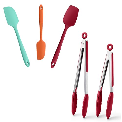 Doosu 600°F Heat Resistant Kitchen Food Tongs for Cooking with Non-Scratch Silicone Tips (9+12in, Red) & 3-Piece Silicone Spatula Set Kitchen Food-Grade Baking Supplies Cooking Tool (Aqua+Orange+Red)