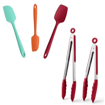 Doosu 600°F Heat Resistant Kitchen Food Tongs for Cooking with Non-Scratch Silicone Tips (9+12in, Red) & 3-Piece Silicone Spatula Set Kitchen Food-Grade Baking Supplies Cooking Tool (Aqua+Orange+Red)