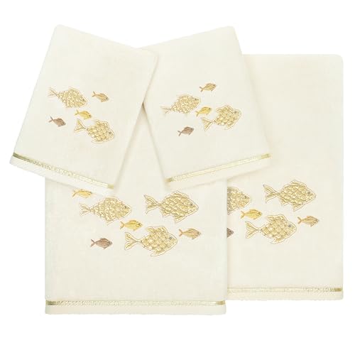 Treasure 4-Piece Premium Towel Set, Sparkling Applique Fish, Ultra Plush Turkish Cotton, Durable, Perfect for Bathroom, 2 Bath 2 Hand Towels, Beige - color: Beige, size: 2 Pcs Bath 2 Pcs Hand Towel