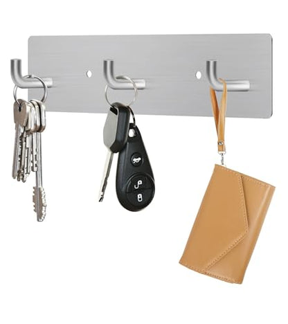 RELBRO Key Holder Wall Mount, Key Rack with 3 Hooks, Small, Silver | Metal, Self Adhesive, 2 Installation Options, Matte Finish, Key Holder for Wall Foyer Garage Camper RV - color: Silver
