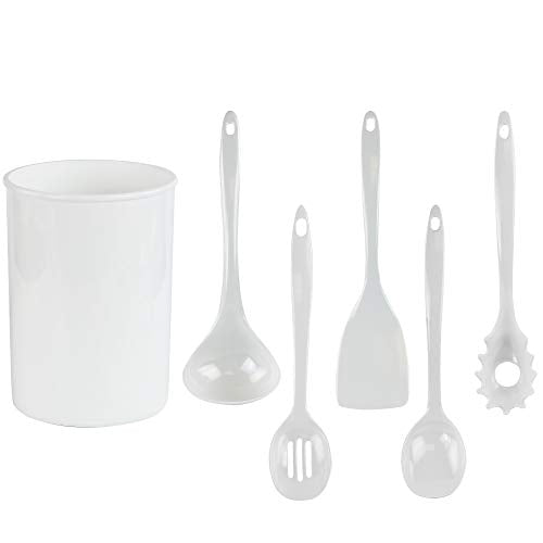 Reston Lloyd 6 Piece Kitchen Utensil Holder for Kitchen Counter, Utensils Crock with Heat Resistant Spoon, Slotted Spoon, Ladle, Spatula BPA Free, White - color: White, size: Utensil Holder Set