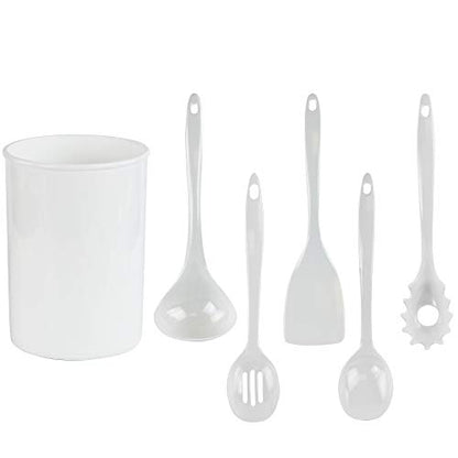 Reston Lloyd 6 Piece Kitchen Utensil Holder for Kitchen Counter, Utensils Crock with Heat Resistant Spoon, Slotted Spoon, Ladle, Spatula BPA Free, White - color: White, size: Utensil Holder Set