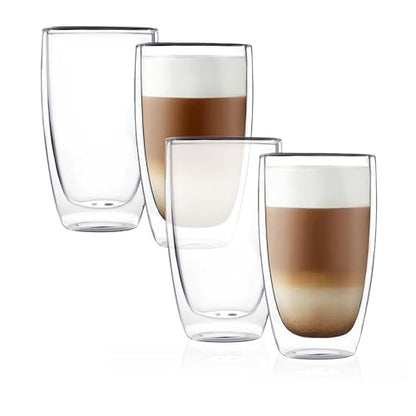 CNGLASS Double Wall Thermo Glass Coffee Cup 13.5 oz,Clear Insulated Glass Coffee Mug for Latte Cappuccino Tea Milk,Set of 4 - color: 13.5oz(4-pack)