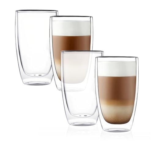 CNGLASS Double Wall Thermo Glass Coffee Cup 13.5 oz,Clear Insulated Glass Coffee Mug for Latte Cappuccino Tea Milk,Set of 4 - color: 13.5oz(4-pack)