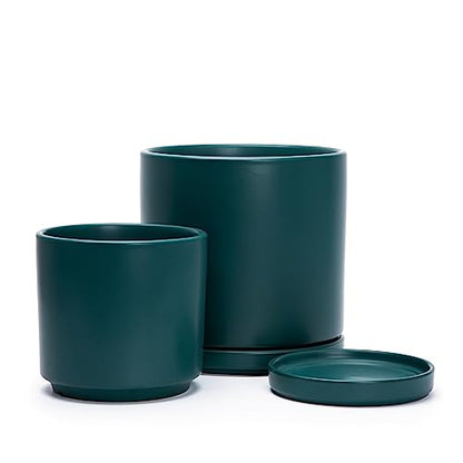 D'vine Dev 2-Pack Ceramic Pots with Saucers, 6/8 in, Teal, 94-G-M-9 | Glazed Ceramic, Drainage Hole, Perfect-Fit Saucer, Sleek Cylinder Shape, High Temperature Fired, Elegant Home Accent - color: Teal, size: Medium