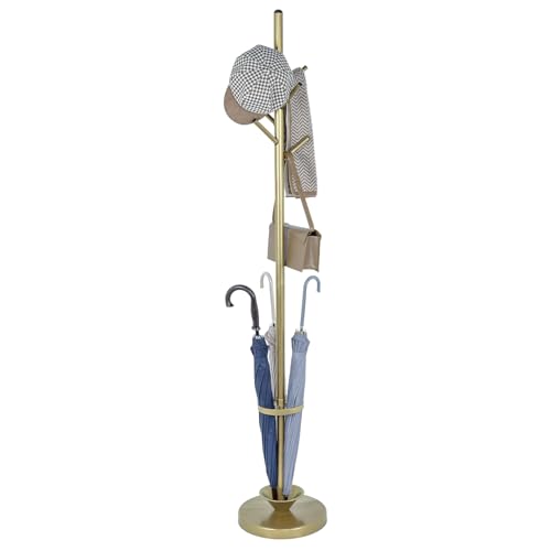 MyGift Freestanding Coat Rack, Modern Brass Tone Metal Hat Organizer Tree and Umbrella Holder Stand with 6 Hanger Hooks for Hanging Clothes Purse Bag Jacket - color: Brass
