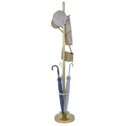 MyGift Freestanding Coat Rack, Modern Brass Tone Metal Hat Organizer Tree and Umbrella Holder Stand with 6 Hanger Hooks for Hanging Clothes Purse Bag Jacket - color: Brass