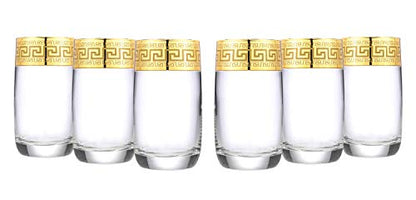 WORLD GIFTS Gold Rimmed Highball Tumbler 6-piece Glass Set Greek Key Pattern - No Lead Contemporary Drinkware - color: Highball