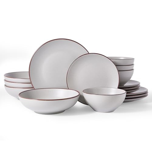 Famiware Venus Stoneware Dinnerware Sets with Pasta Bowls, Dishes Set for 4 | 16pc Ceramic Plates and Bowls with Rim, Chip‑Resistant, Everyday & Formal Use, Microwave & Dishwasher Safe, Matte Light Gray - color: Light Gray, size: Serves 4 (16pc w/ Pasta B