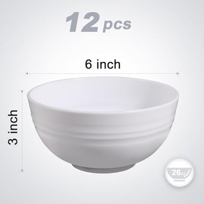 12 Pcs Unbreakable Cereal Bowls Set, 26 Oz Wheat Straw Bowls Set, Microwave & Dishwasher Safe Bowls for Kitchen, Reusable Plastic Bowls for Soup, BPA Free, White (NON-CERAMIC‌) - color: White