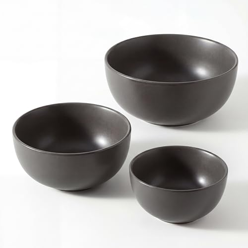 Tikoore Ceramic Mixing Bowls Set，Soup Bowls Set of 3, Stoneware Nesting Bowls for Serving, Baking, Salad,Microwave and Dishwasher Safe,24/40/88 oz, Matte Black - color: Matte Black, size: Set of 3