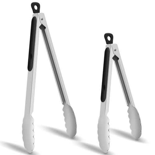 Hotec Stainless Steel Kitchen Tongs Set of 2-9" and 12", Locking Metal Cooking Tongs with Non-Slip Grip for Serving, BBQ, Grill & Air Fryer - size: 2 pack: 12, 9 inch