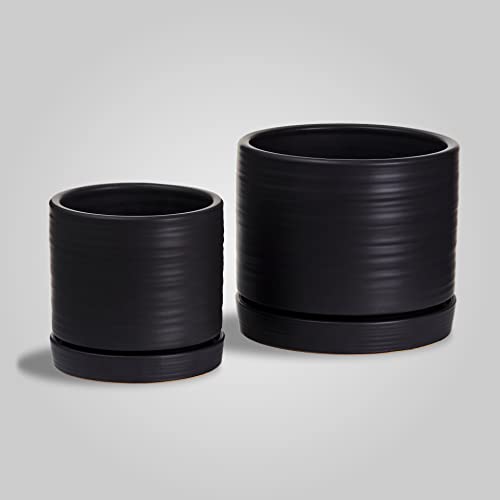 HERDUK 6 + 8 Inch Plant Pots, Ceramic Planter Pot with Drainage Hole & Saucer, Indoor/Outdoor Cylinder Round Planter Pot, Matte Black - color: Matte Black, size: 6 & 8 Inch Set