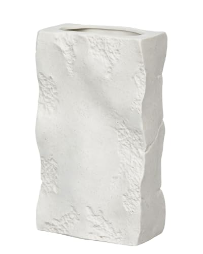 White Ceramic Vase - Large Organic Square Rock Textured Vase Design, Farmhouse Flower Vase, Rustic Farmhouse Decor, Entryway Table, Wabi Sabi (10.6 inch) - color: Cream White, size: Large