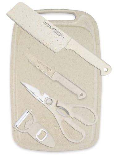 5 in 1 Mini Knife and Cutting Board Set, Small Cutting Board Camping Cutting Board Cutting Board Scissors, Smart Cutting Board and Knife Set, Dorm Kitchen Essentials Travel Knife Set (Wheaten) - color: Wheaten