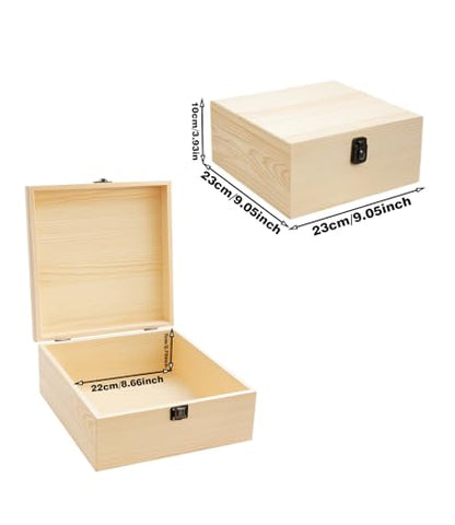 9x9x4 Unfinished Wooden Box with Hinged Lid for DIY Crafts | Natural Poplar Wood, perfect for memory keepsake storage and personalized gift making