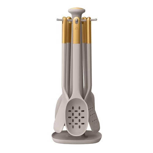 6 Piece Silicone Kitchen Utensil Set with Rotating Holder, Heat Resistant Cooking Tools, Nonstick Safe Spatula Spoon Turner Set with Storage Rack (Porcini Taupe) - color: Porcini Taupe