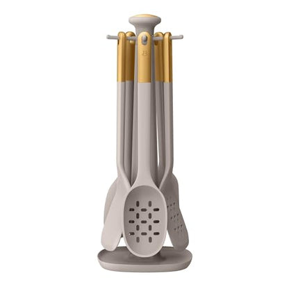 6 Piece Silicone Kitchen Utensil Set with Rotating Holder, Heat Resistant Cooking Tools, Nonstick Safe Spatula Spoon Turner Set with Storage Rack (Porcini Taupe) - color: Porcini Taupe