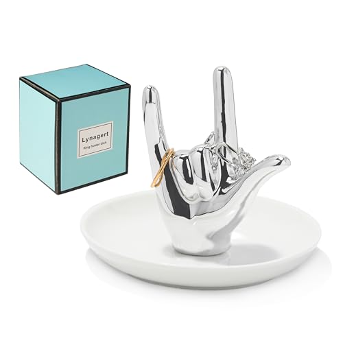 Lynagert I LOVE YOU Hand Ring Holder - Ceramic Jewelry Holder Dish Trinket Tray for Rings, Earrings, Necklace Organizer - Engagement, Wedding, Christmas, Birthday Gifts (Silver) - color: Silver