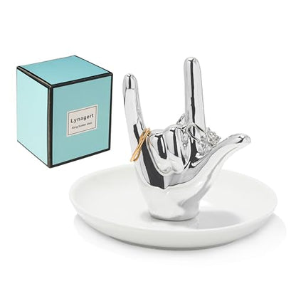 Lynagert I LOVE YOU Hand Ring Holder - Ceramic Jewelry Holder Dish Trinket Tray for Rings, Earrings, Necklace Organizer - Engagement, Wedding, Christmas, Birthday Gifts (Silver) - color: Silver