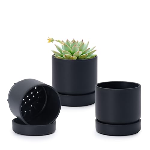 Phoenix Vine 4 Inch Planter Pot with Drainage Hole & Saucer, Deep Water Catch Tray, Straight Cylindrical Round Pot for Plants, Matte Black, Pack of 3, 23-C-R-3 - color: Matte Black, size: 4" (3 Pack)