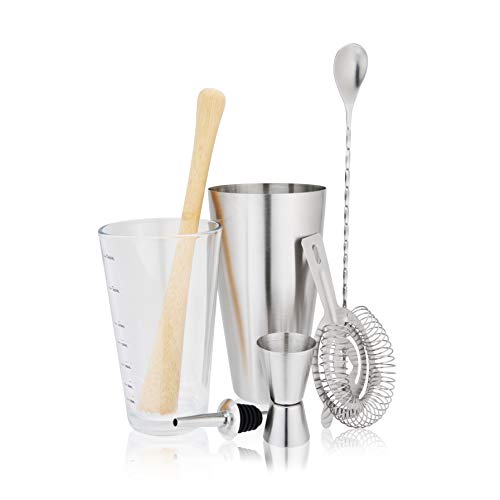 True 7-Piece Barware Set for Mixed Drinks and Cold Brew Cocktails, Includes Boston Cocktail Shaker Tin, Mixing Glass, Jigger, Muddler, Strainer, Bar Spoon, Pour Spout for Home Bar, Bartender Gifts - size: 7 Piece