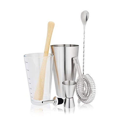 True 7-Piece Barware Set for Mixed Drinks and Cold Brew Cocktails, Includes Boston Cocktail Shaker Tin, Mixing Glass, Jigger, Muddler, Strainer, Bar Spoon, Pour Spout for Home Bar, Bartender Gifts - size: 7 Piece