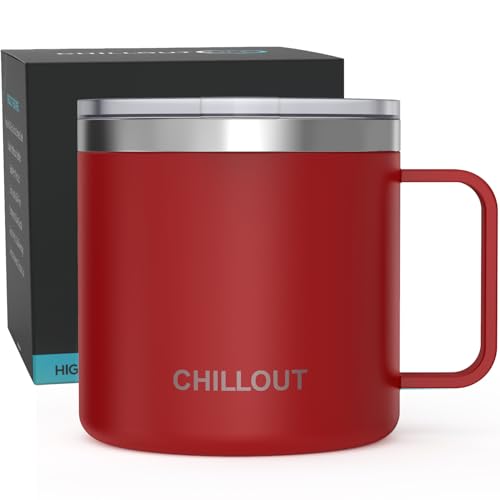 CHILLOUT LIFE Stainless Steel 16 oz Vacuum Insulated Coffee Mug with Handle and Lid, Large Thermal Camping Coffee Mug Cup with Durable Sliding Lid for Men & Women, Keeps your Beverages Hot & Cold - color: Cherry Red, size: 16 Ounces