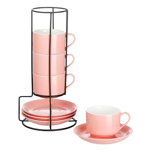 YOLIFE 8oz Porcelain Stackable Cappuccino Cups with Saucers and Metal Stand Set of 4, Coffee cups for Espresso, Specialty Coffee Drinks, Latte, Americano and Tea - Pink - color: Pink, size: 8oz