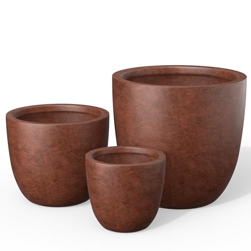 Kante Set of 3 Rusty Concrete Bowl Planters 18" 14" 18" Dia | Drainage for Outdoor, Rubber Plug for Indoor Home, All-Weather Cement Pot, Handcraft, Lightweight & Durable, Anti-UV, Round - color: Rusty, size: 18"d + 14"d + 10"d