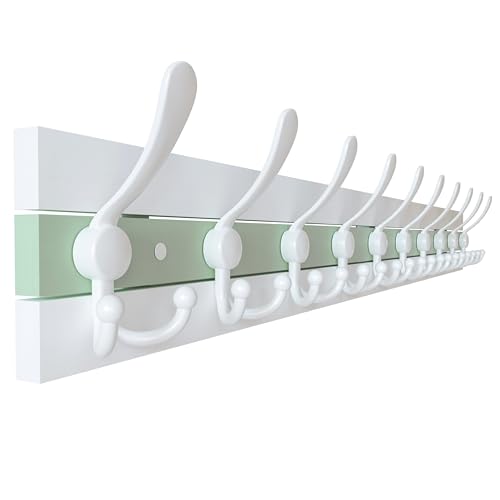 SKOLOO Coastal Wall Mounted Coat Rack - 38-1/8" Beach House Entryway Wooden Coat Hook with 10 Hooks for Hanging Coats, Hats or Towels, Oceanfront Cottage Core Collection, White & Green - color: Green & White Plates & White Hook, size: 1 Item-10 Hooks