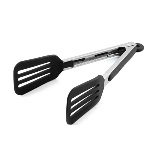 12 Inch Stainless Steel Silicone Cooking Tong (Black) | Kitchen Silicone Tong Heat Resistant Meat Turner Spatula Tongs Fish Tongs for Grilling Steak Salad Pasta Buffet Serving - color: Black, size: 12 inch