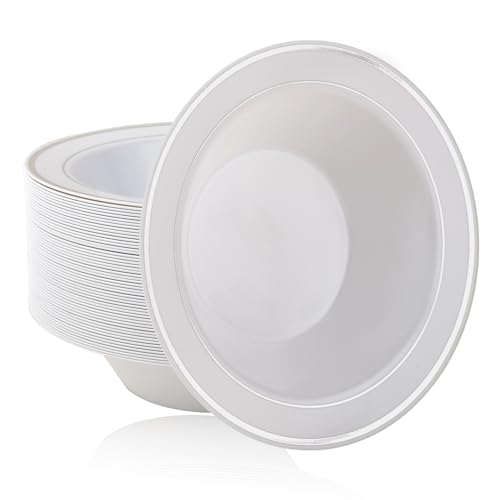 100PCS Plastic Bowls with Silver Rim 12oz Disposable Soup Bowls | Plastic Bowls for Christmas Thanksgiving Premium Dessert Salad Bowls for Wedding/Party/Halloween - color: Silver, style: 100Count