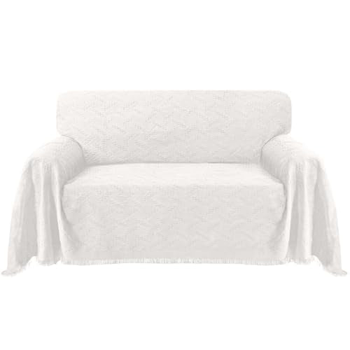 Turquoize Cotton Sofa Cover - White Couch Protector & Throw for Couches - Washable, Geometrical Woven Fabric (71"x102", Large) - color: White, size: Large: 71"x 102"