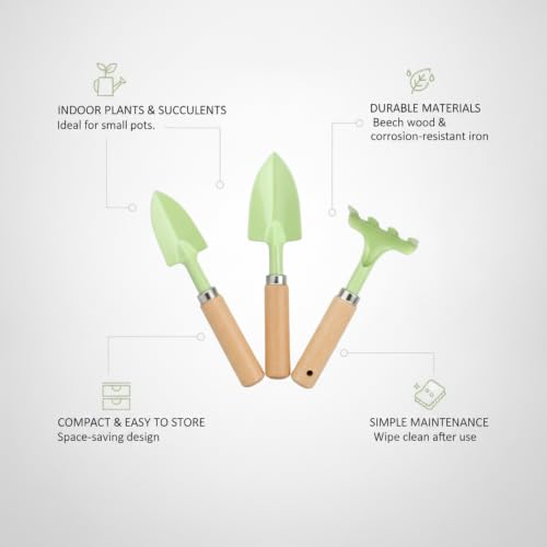 3-Piece Mini Garden Tool Set with Beech Wood Handles and Iron Heads for Indoor Plants, Succulents, and Small Pots - size: 11.02 x 3.15 x 1.18 in