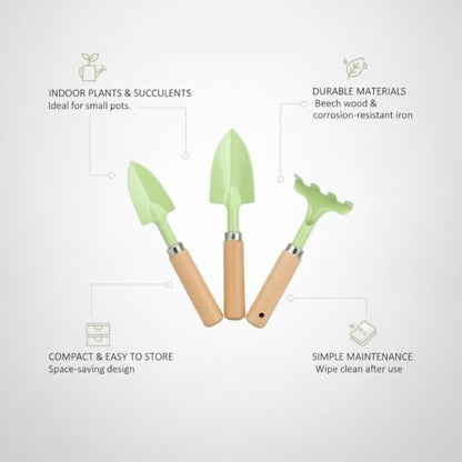 3-Piece Mini Garden Tool Set with Beech Wood Handles and Iron Heads for Indoor Plants, Succulents, and Small Pots - size: 11.02 x 3.15 x 1.18 in