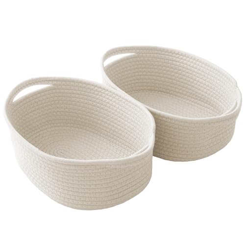 JMvicyroam Small Woven Basket, Empty Gift Basket, White/2 Pack | Small Gift Basket, Cotton Rope, 12 x 8 x 7 in, Handles, Includes Ribbon and Bag, Birthday Gift Basket - color: White, size: 2 Pack