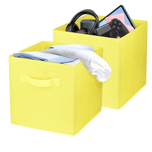 2 Pcs Storage Cubes, 10.5 Inch Collapsible Storage Bins, Fabric Foldable Bins for Organization, Durable Storage Bins for Closet, Shelves, Offices (Yellow) | [Yellow] [For Organization, Durable Storage Bins for Closet, Shelves, Offices] - color: Yellow