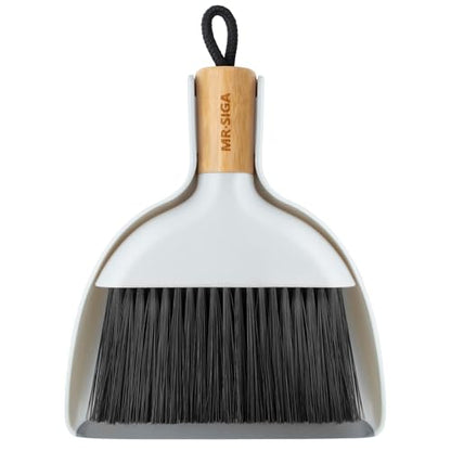 MR.SIGA Mini Dustpan and Brush Set, Bamboo Handle, White, 1 Set | Portable cleaning brush and dustpan combo, handheld brush and dustpan combo with hanging loop - color: White