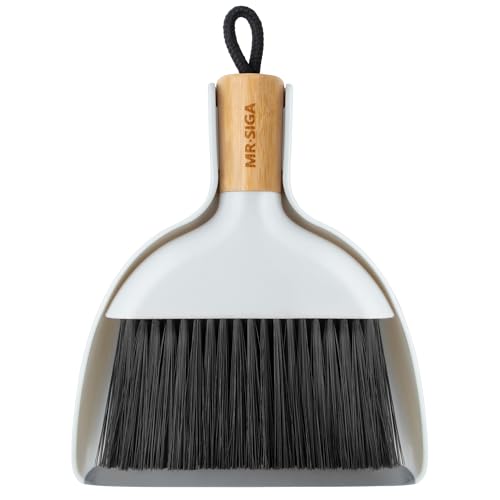 MR.SIGA Mini Dustpan and Brush Set, Bamboo Handle, White, 1 Set | Portable cleaning brush and dustpan combo, handheld brush and dustpan combo with hanging loop - color: White