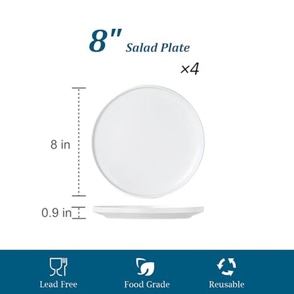 Ceramic Salad & Dessert Plates Set, 8 Inch, Set of 4, Modern White | Stoneware, Dishwasher & Microwave Safe, Small Dinner Plates, For Cake, Fruits, Waffle, Pasta, Salad - color: White, size: Salad Plates Set (4PCS)