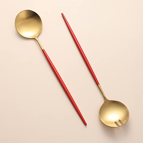 Salad Servers,Spoon and Fork Set 11.41 inch,18/10 Stainless Steel Salad Serving Titanium Plating (Red gold) - color: Red/Gold