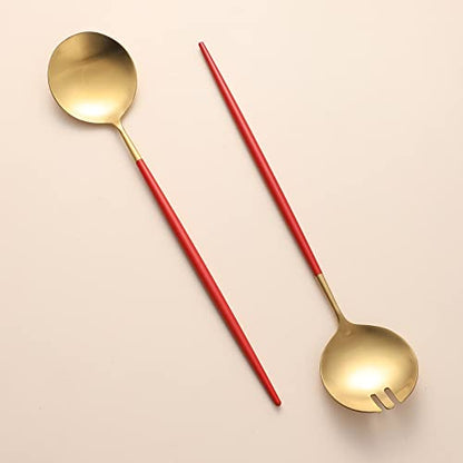 Salad Servers,Spoon and Fork Set 11.41 inch,18/10 Stainless Steel Salad Serving Titanium Plating (Red gold) - color: Red/Gold