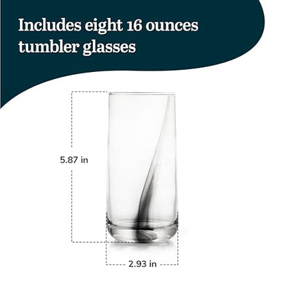 16 Oz Ascent Black Ribbon Drinking Glasses Set of 8 | Modern Black Ribbon Design, Dishwasher Safe & Easy to Clean, Durable for Everyday Dining and Entertaining - color: Ascent Black Ribbon