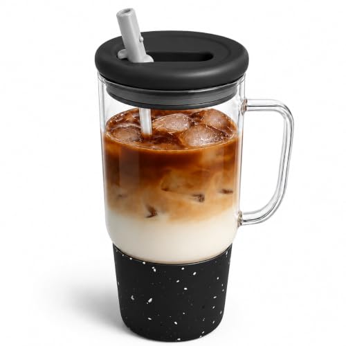 40oz Glass Tumbler with Flip Straw Lid, Handle, Silicone Sleeve, Black | Leakproof Lid, Fits Car Cup Holder Glass for Iced Coffee, Water, Cold Drinks, Travel, Outdoor, Partys&Home - color: Black