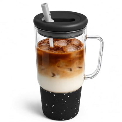 40oz Glass Tumbler with Flip Straw Lid, Handle, Silicone Sleeve, Black | Leakproof Lid, Fits Car Cup Holder Glass for Iced Coffee, Water, Cold Drinks, Travel, Outdoor, Partys&Home - color: Black
