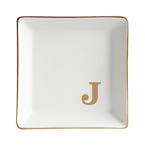 COLLECTIVE HOME - Ceramic Jewelry Tray, Monogram Decorative Trinket Dish for Rings Earrings Necklaces Bracelet Watch Keys, Birthday Mother's Day Christmas Gift for Women, 4" x 4" (J) - color: J
